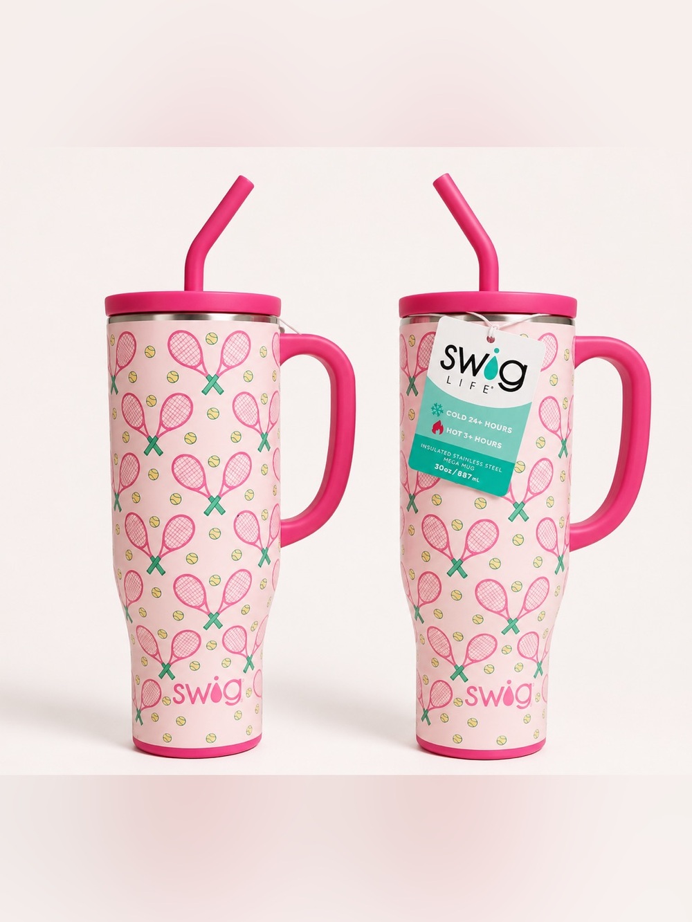 (2-Pack) SWIG Pickleball Themed Pink Insulated Water Bottles + Straw 30oz - NEW